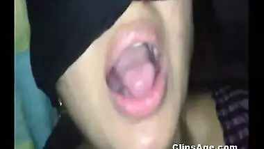 Desi lady with her eyes blindfold sucking dick of her lover guy MMS