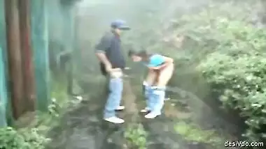 Mangalore horny couple stand fuck doggy and cum in Windy rainy forest